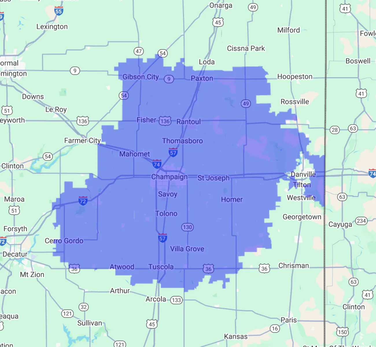 Service area of Leisure Pools Champaign: Champaign-Urbana 